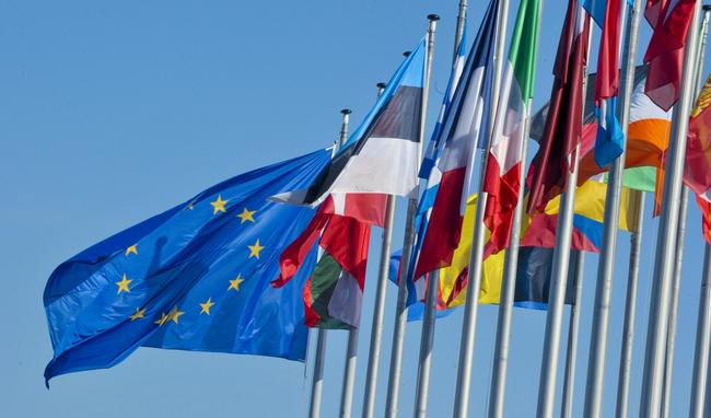 Flaggen vor dem Europäischen Parlament in Brüssel.
